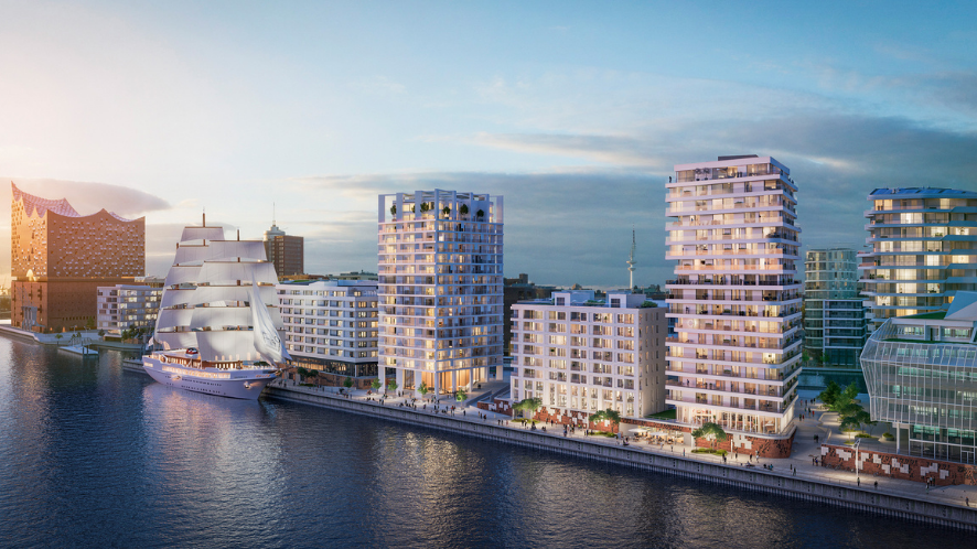 Das neue Strandkai Wohnquartier in Hamburgs HafenCity: rechts im Bild der Wohnturm FIFTYNINE, links in Richtung Elbphilharmonie das Hochhaus THE CROWN