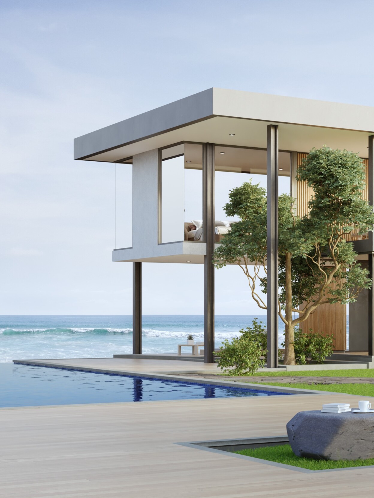 Luxury beach house with sea view, swimming pool and terrace in modern design.